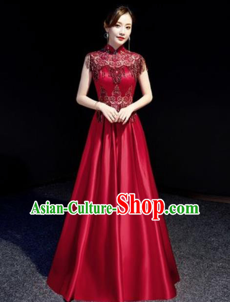 Chinese Compere Wine Red Full Dress Traditional National Cheongsam Chorus Costume for Women
