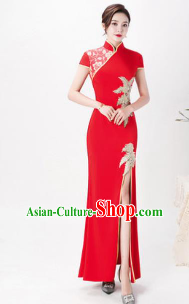 Chinese Chorus Red Full Dress Traditional National Compere Cheongsam Costume for Women
