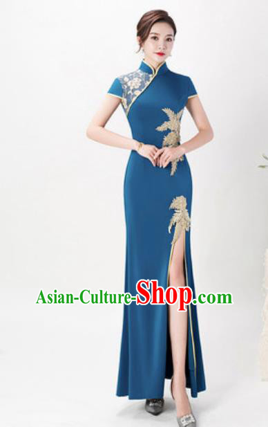 Chinese Chorus Peacock Blue Full Dress Traditional National Compere Cheongsam Costume for Women