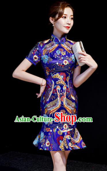 Chinese Chorus Royalblue Brocade Short Qipao Dress Traditional National Compere Cheongsam Costume for Women