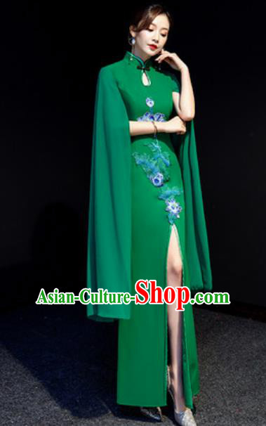 Chinese National Embroidered Lotus Green Qipao Dress Traditional Compere Cheongsam Costume for Women