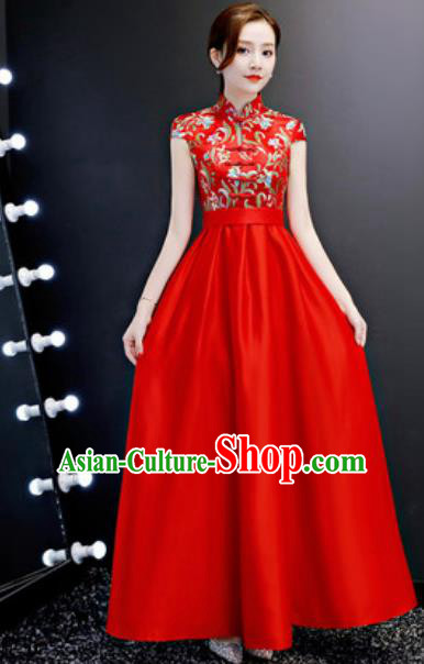 Chinese Traditional Red Qipao Dress Compere Cheongsam Costume for Women