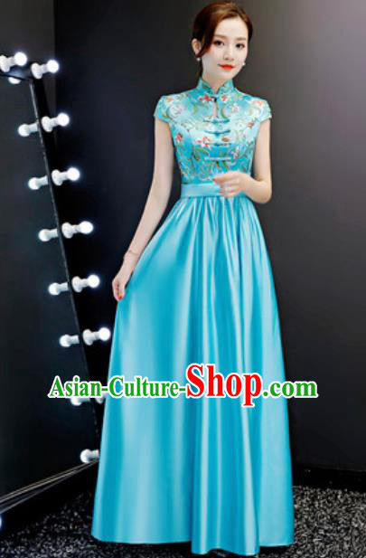 Chinese Traditional Blue Qipao Dress Compere Cheongsam Costume for Women