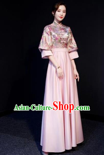 Chinese Traditional Bridesmaid Embroidered Pink Full Dress Spring Festival Gala Compere Cheongsam Costume for Women