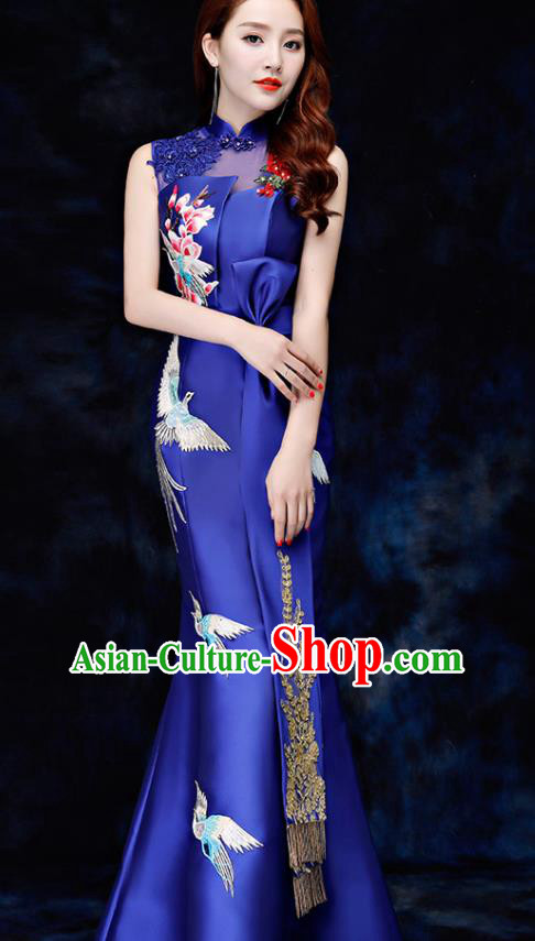 Chinese Traditional Embroidered Birds Royalblue Qipao Dress Compere Cheongsam Costume for Women