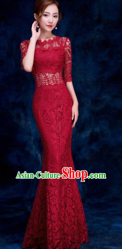 Top Compere Catwalks Wine Red Lace Full Dress Evening Party Compere Costume for Women