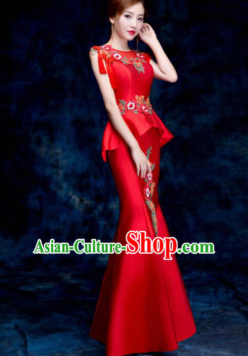 Top Compere Catwalks Embroidered Peony Red Full Dress Evening Party Compere Costume for Women