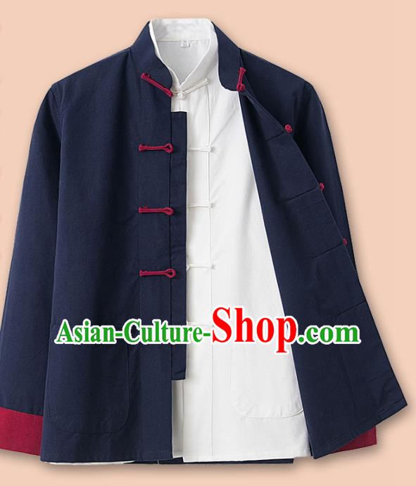 Chinese National Tang Suit Navy Linen Jacket and Shirt Traditional Martial Arts Costumes for Men