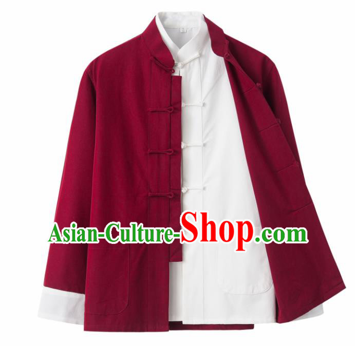 Chinese National Tang Suit Wine Red Linen Jacket and Shirt Traditional Martial Arts Costumes for Men