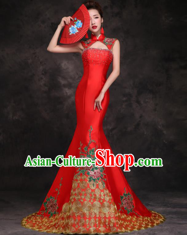 Chinese Traditional Embroidered Peony Diamante Red Qipao Dress Compere Cheongsam Costume for Women