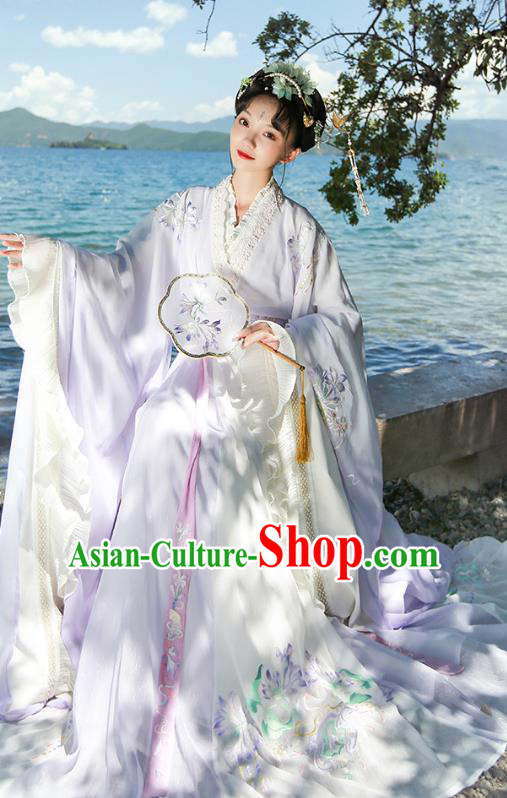 Chinese Jin Dynasty Imperial Consort Lilac Embroidered Dress Traditional Ancient Fairy Goddess Costumes for Women