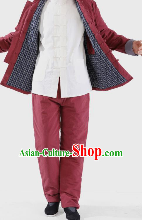 Chinese National Purplish Red Cotton Wadded Jacket and Pants Traditional Tang Suit Martial Arts Costumes Complete Set for Men