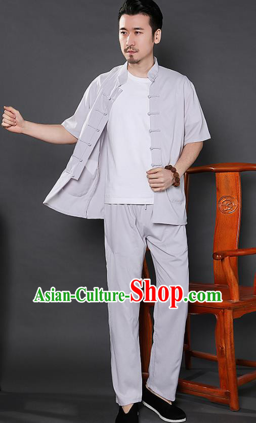 Chinese National Light Grey Shirt and Pants Traditional Tang Suit Martial Arts Costumes Complete Set for Men