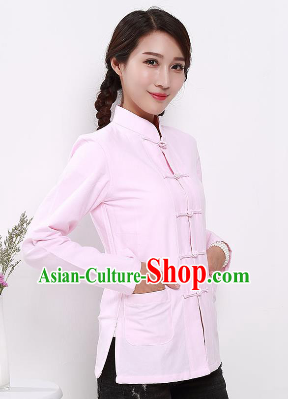 Chinese National Tang Suit Light Pink Blouse Traditional Martial Arts Shirt Costumes for Women