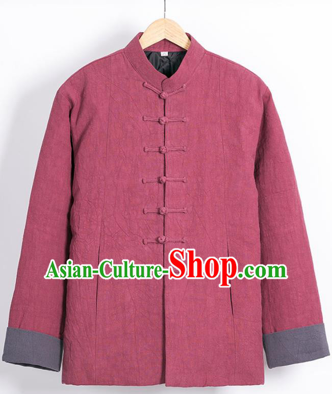 Chinese National Tang Suit Wine Red Cotton Wadded Jacket Traditional Martial Arts Overcoat Costumes for Men