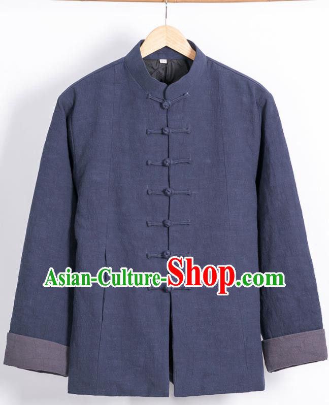 Chinese National Tang Suit Navy Cotton Wadded Jacket Traditional Martial Arts Overcoat Costumes for Men