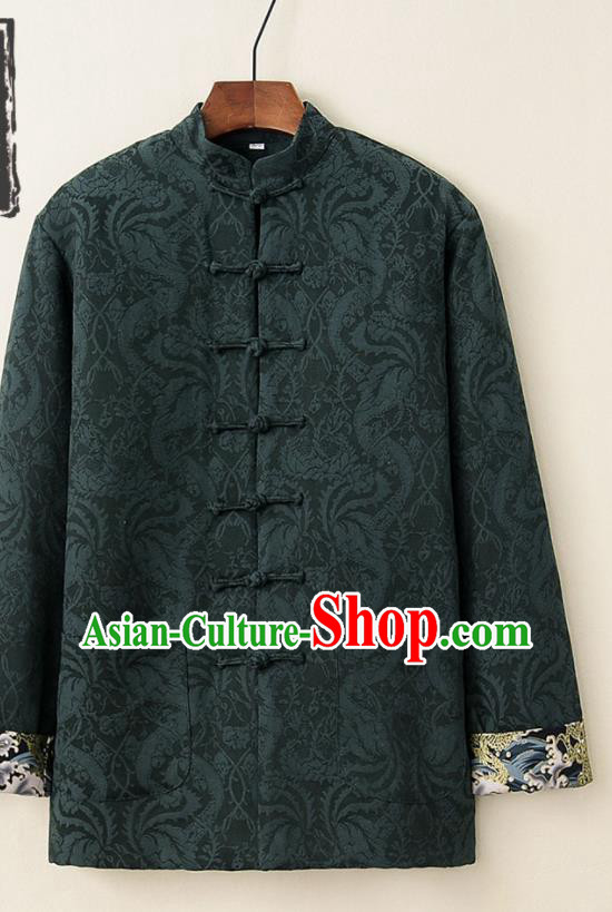 Chinese National Tang Suit Deep Green Thicken Jacket Traditional Martial Arts Costumes for Men