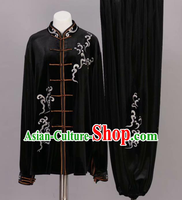 Chinese Tai Chi Black Velvet Garment Outfits Traditional Kung Fu Martial Arts Training Costumes for Adult