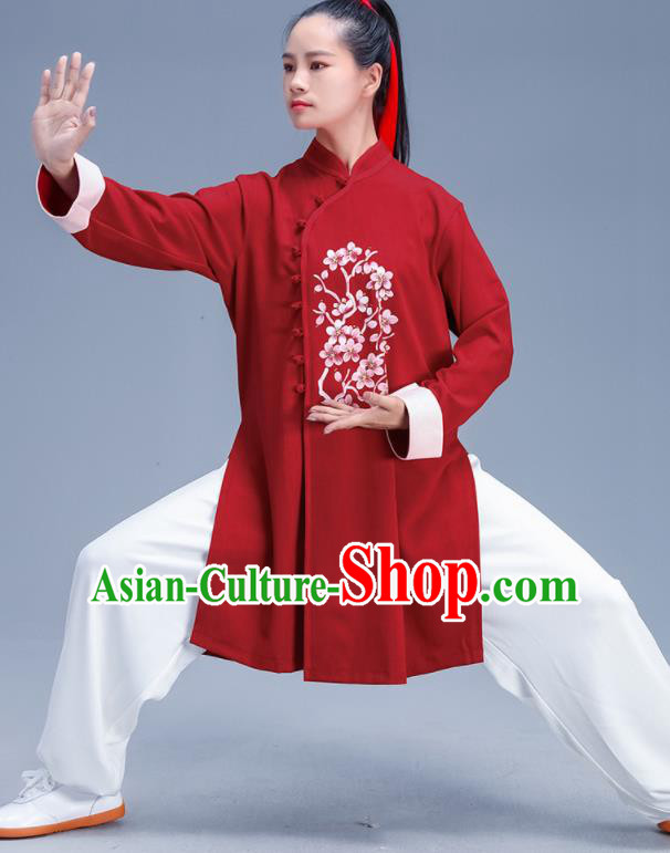 Chinese Traditional Kung Fu Stage Show Printing Plum Red Outfits Martial Arts Competition Costumes for Women