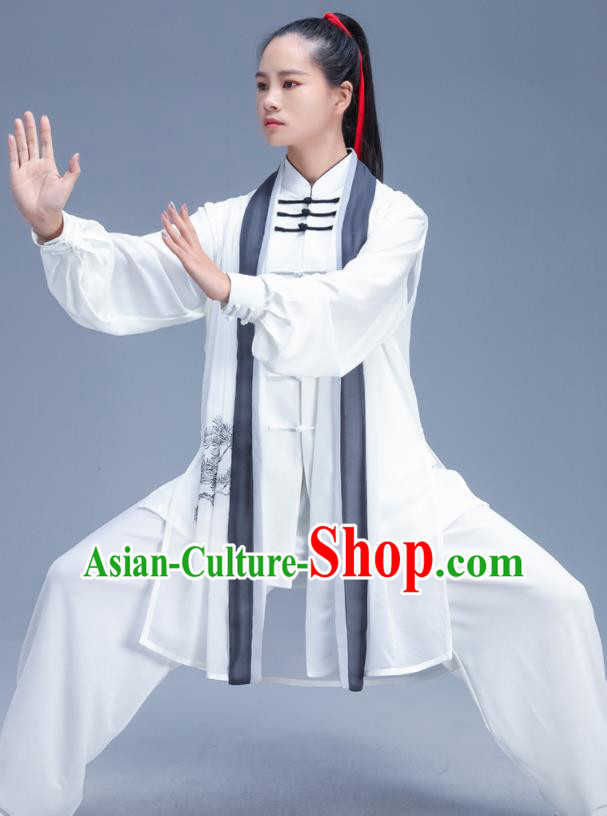 Chinese Traditional Kung Fu Competition Printing Pine White Outfits Martial Arts Stage Show Costumes for Women