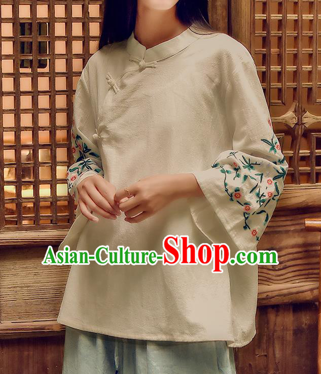 Chinese Tai Chi Embroidered Beige Flax Blouse Traditional Tang Suit Costume for Women