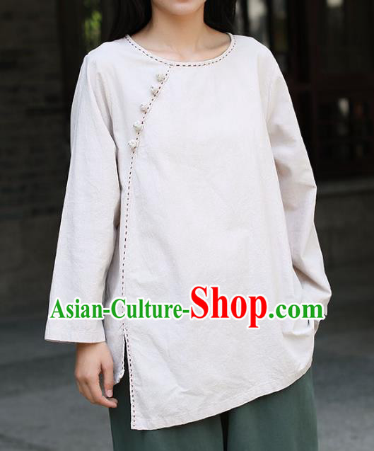 Chinese Tai Chi White Flax Slant Opening Blouse Traditional Tang Suit Costume for Women
