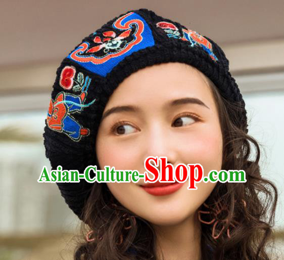 Chinese Traditional Embroidered Black Corduroy Hat National Beret Hat for Women