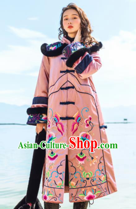 Chinese Traditional Embroidered Pink Cotton Padded Coat National Overcoat Costumes for Women