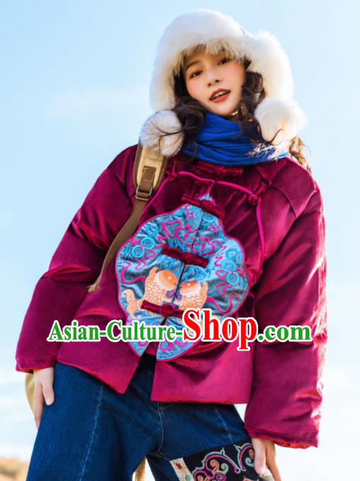 Chinese Traditional Embroidered Fish Wine Red Cotton Padded Jacket National Overcoat Costumes for Women