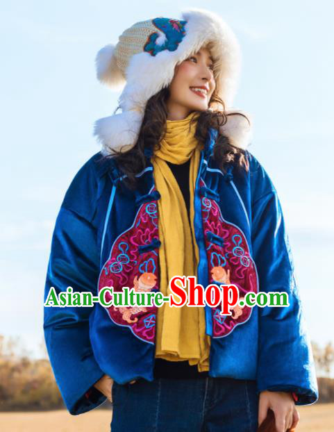 Chinese Traditional Embroidered Fish Blue Cotton Padded Jacket National Overcoat Costumes for Women