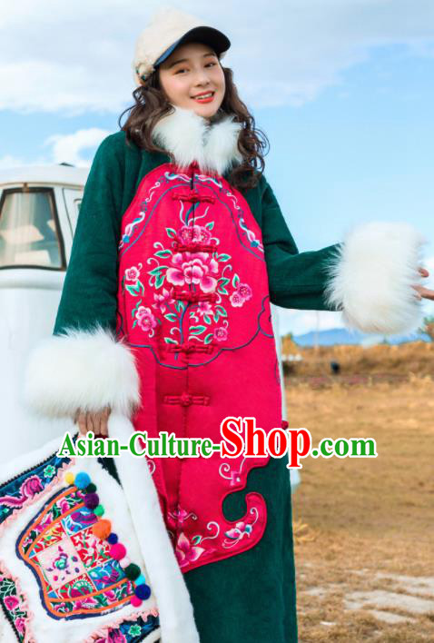 Chinese Traditional Embroidered Cotton Padded Dust Coat National Overcoat Costumes for Women