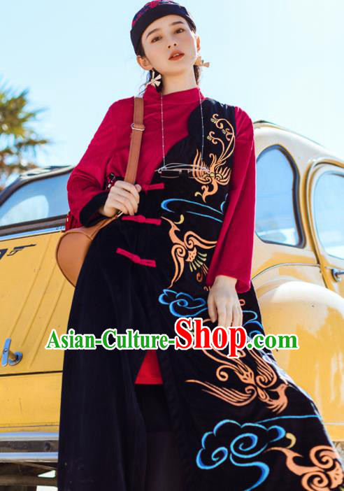 Chinese Traditional Embroidered Cloud Black Qipao Dress National Tang Suit Costumes for Women