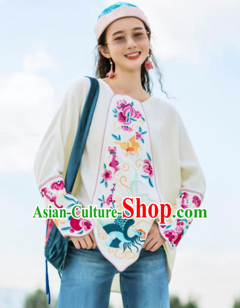 Chinese Traditional Embroidered White Blouse National Upper Outer Garment Tang Suit Shirt Costume for Women