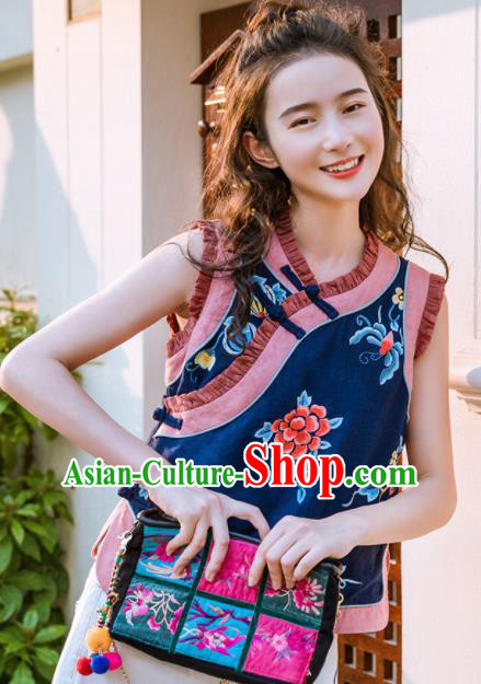 Chinese Traditional Embroidered Peony Navy Vest National Upper Outer Garment Tang Suit Waistcoat Costume for Women