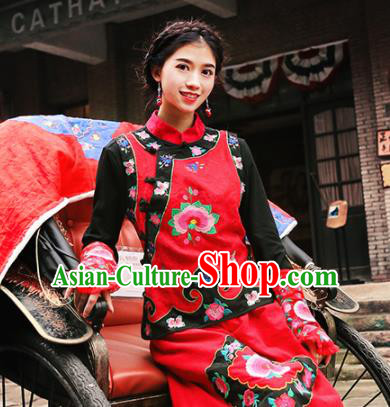 Chinese Traditional Embroidered Red Vest National Upper Outer Garment Tang Suit Costume for Women