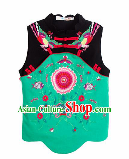 Chinese Traditional Embroidered Green Waistcoat National Upper Outer Garment Tang Suit Costume for Women