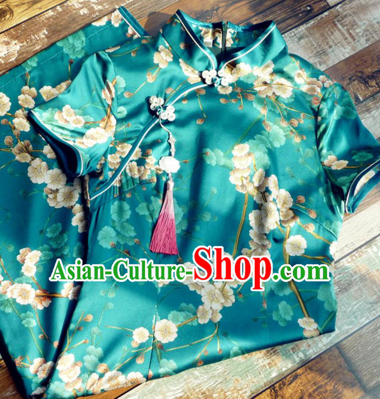 Chinese Traditional Printing Pear Flowers Deep Green Silk Qipao Dress National Tang Suit Cheongsam Costumes for Women