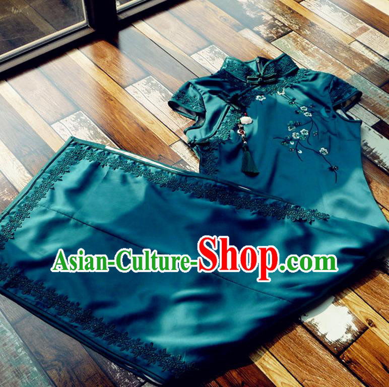 Chinese Traditional Embroidered Plum Deep Green Silk Qipao Dress National Tang Suit Cheongsam Costumes for Women