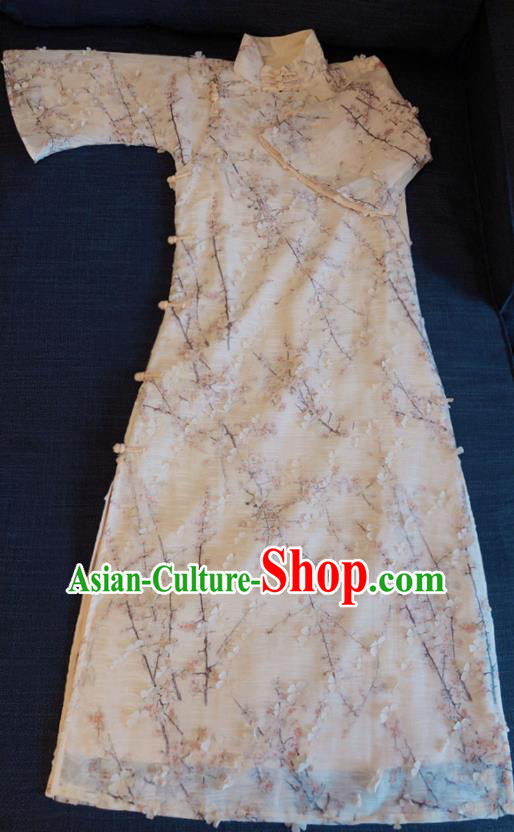 Chinese Traditional Embroidered Beige Qipao Dress National Tang Suit Cheongsam Costumes for Women