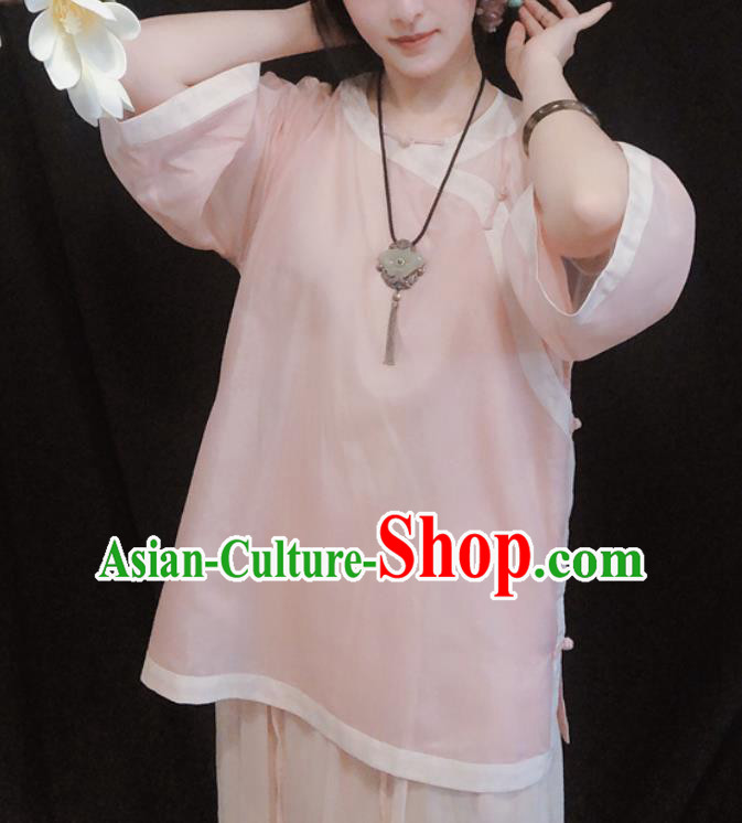 Chinese Traditional Pink Silk Shirt National Upper Outer Garment Tang Suit Blouse Costume for Women