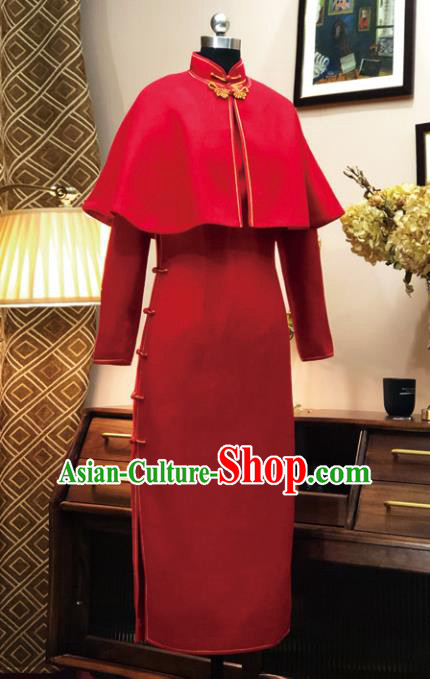 Chinese Traditional Red Woolen Qipao Dress National Tang Suit Cheongsam Costumes for Women