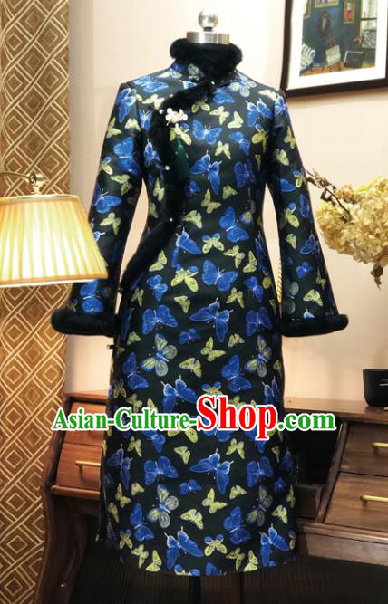 Chinese Traditional Butterfly Pattern Black Qipao Dress National Tang Suit Cheongsam Costumes for Women