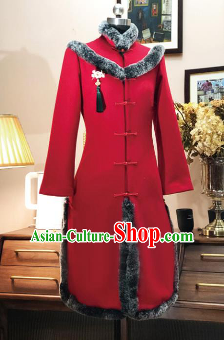 Chinese Traditional Winter Red Woolen Coat National Tang Suit Overcoat Costumes for Women