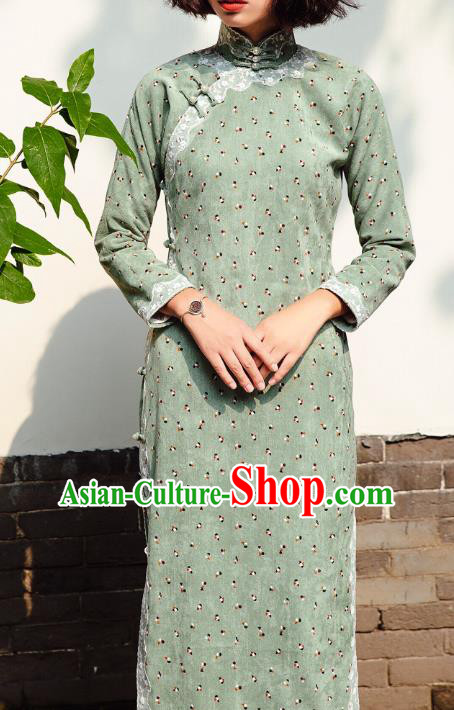 Chinese Traditional Green Corduroy Qipao Dress National Tang Suit Cheongsam Costumes for Women