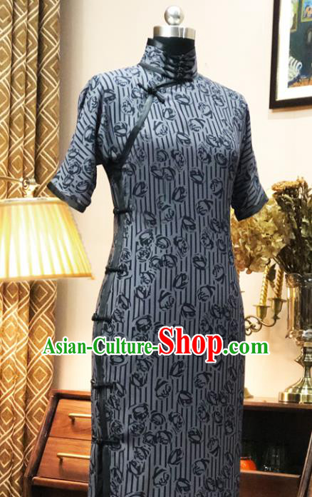 Chinese Traditional Printing Grey Qipao Dress National Tang Suit Cheongsam Costumes for Women