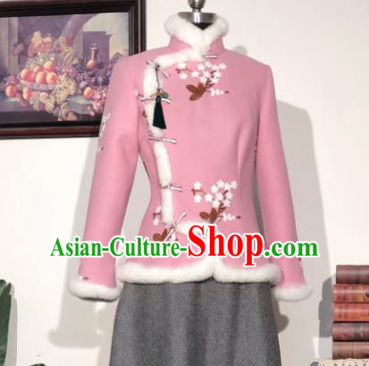 Chinese Traditional Winter Pink Woolen Coat National Tang Suit Overcoat Costumes for Women