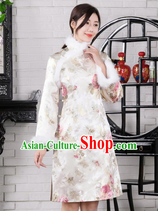 Chinese Traditional Winter Printing White Qipao Dress National Tang Suit Cheongsam Costumes for Women