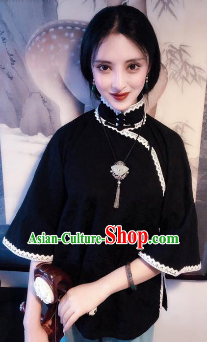 Chinese Traditional Black Shirt National Tang Suit Upper Outer Garment Blouse Costume for Women