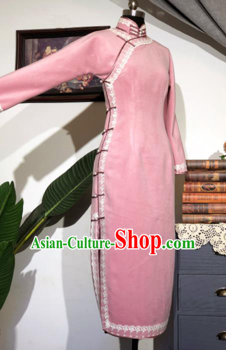 Chinese Traditional Pink Woolen Qipao Dress National Tang Suit Cheongsam Costumes for Women