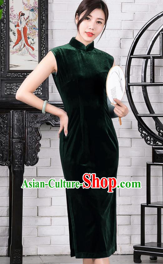 Chinese Traditional Deep Green Velvet Sleeveless Qipao Dress National Tang Suit Cheongsam Costumes for Women